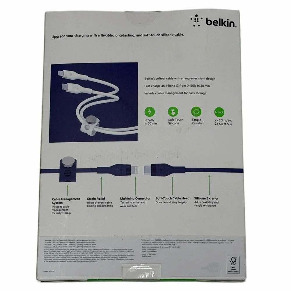 belkin Black and White BOOST↑CHARGE Flex USB-C to Lightning Cables (4-Pack)